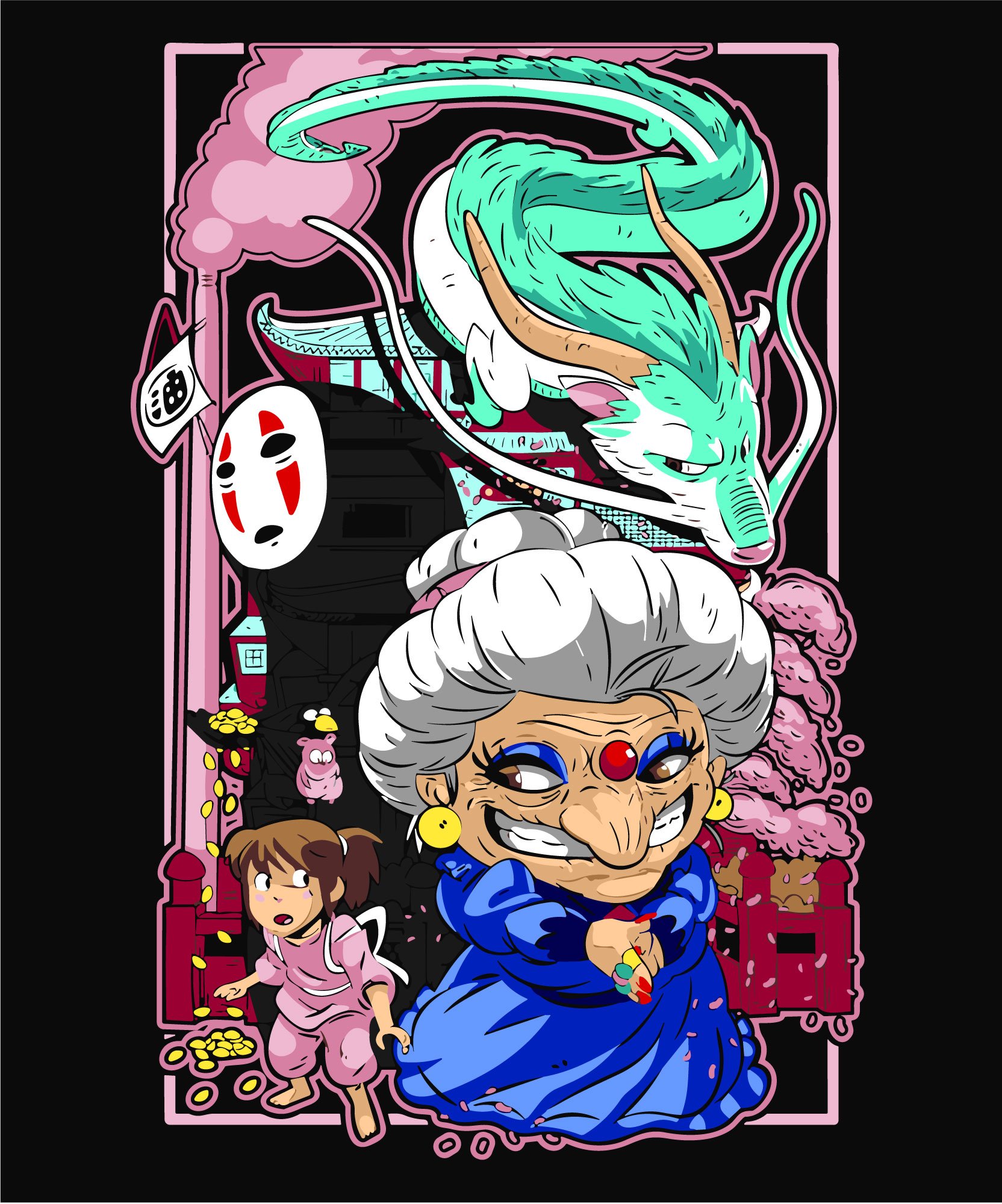Spirited Away Yubaba & Chihiro - All Anime & Manga Screen Print T-Shirt & Hoodie