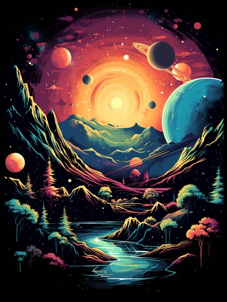 Retro Space Scene With Planet - Futuristic & Cyberpunk Screen Print T-Shirt & Hoodie