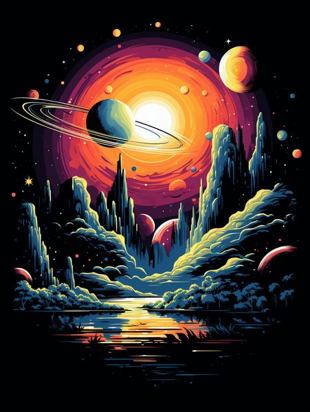 Retro Space Scene With Planet - Futuristic & Cyberpunk Screen Print T-Shirt & Hoodie