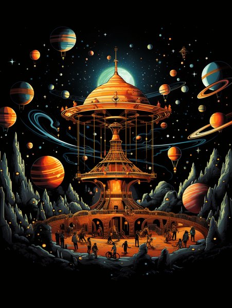 A Retro Rocket Carousel Ride - Futuristic & Cyberpunk Screen Print T-Shirt & Hoodie