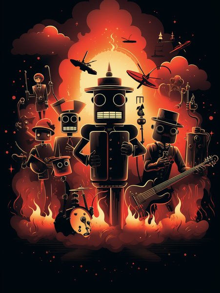 A Vintage Robot Band Playing - Futuristic & Cyberpunk Screen Print T-Shirt & Hoodie
