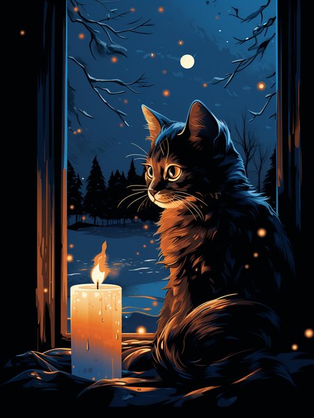 Candle Lit Window With A Cat - Futuristic & Cyberpunk Screen Print T-Shirt & Hoodie