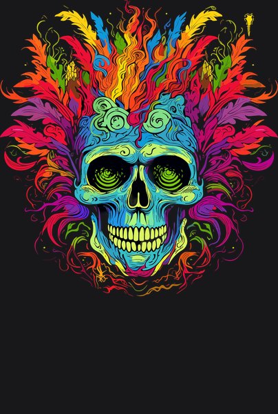 Feathery Aztec Neon Calavera - Psychedelic Art Screen Print T-Shirt & Hoodie