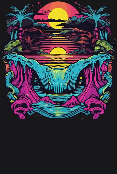 Neon Sunset Cascade Valley - Psychedelic Art Screen Print T-Shirt & Hoodie